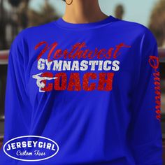 Create your own personalized gymnastics coach apparel with our custom long-sleeve gymnastics coach shirts! Personalize the front of your gymnastics coach shirt with your gymnastics team name, and the sleeve with your name. Choose your glitter colors to match your gym's colors. Or change the wording to customize this glitter gymnastics shirt design however you choose! Enter your personalization under "Add your personalization." Front: enter the gymnastics team name exactly as it should appear on the front of your gymnastics coach shirt.  Design includes "GYMNASTICS" and "COACH" under gymnastics team. Specify your changes to this wording in your personalization, if applicable. Sleeve: enter your name as it should appear on the sleeve of your gymnastics coach shirt.  Enter 2 glitter design co Gymnastics Shirts, Gymnastics Coaching, Gymnastics Team, Coach Shirts, Custom Tees, Team Names, Gymnastics, Long Sleeve Shirts, Shirt Designs