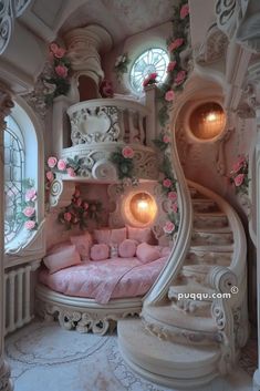 a room with stairs and pink flowers on the walls, in front of a window