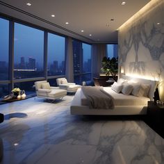 a modern bedroom with large windows overlooking the city at night, and marble flooring