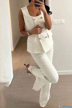 OrcaJump - Exquisite Two-Piece Set: Celebrities Elegant Sleeveless U Neck Top with Solid Buttons Business Casual Outfits Summer, Casual Outfits Summer, Elegant Vest, Suit Type, Sleeveless Suit, Elegant Pattern, U Neck, 50 Fashion, Business Casual Outfits