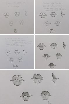 four different drawings of lips and noses in various stages of drawing, with text below