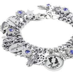 If you're a Pisces you are Kind, Compassionate, and Giving. Follow your destiny and wear your star sign bracelet. This Pisces Horoscope Bracelet is created with your Zodiac sign with 5 Engraved charms of your star sign, and meaning of your sign and your choice of colorful crystals, handcrafted in durable, non tarnish stainless steel. Stainless steel Choice of Colorful Crystals Choice of Star Sign Bracelet Length: Adjustable 6 1/2" to 8 1/2" Custom sizing available Charm size: under 1 inch Easy o Silver Zodiac Sign Bracelet, Silver Zodiac Sign Symbolic Bracelet, Silver Zodiac Sign Symbolic Bracelets, Symbolic Zodiac Sign Bracelet Jewelry, Fairytale Bracelet, Zodiac Sign Bracelet, Winter Bracelet, Pisces Horoscope, Pisces Zodiac Sign