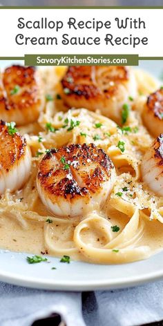 scallop recipe with cream sauce in a white bowl on top of a plate