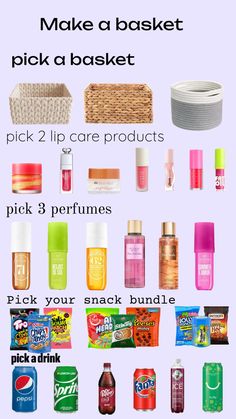 the contents of a basket are shown in this graphic above it is an image of various products