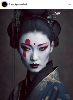 a geisha woman with red paint on her face