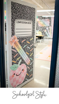 composition notebook door decor idea School Supplies Bulletin Board Ideas, Classroom Themes Science, Composition Notebook Door Decor, Classroom Themed Decor Ideas, Outside Classroom Bulletin Board, Pastel Classroom Door Decor, Checkerboard Classroom, 8th Grade Classroom Ideas, 5th Grade Classroom Door Ideas