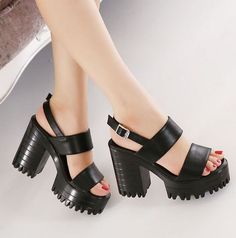 Black Double Strap Chunky Heels Sandals on Luulla High Heel Sandals Platform, Shoes And Sandals, Sandals Platform, Fashion Aesthetics, Chunky Heels Sandals, High Quality Shoes, Summer Fits, Fancy Jewelry, Heels Sandals