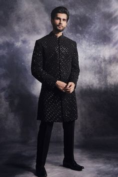 Buy Black Poly Blend Suiting Fabric Embroidered Cadence Sherwani Set For Men by Varun Chakkilam Online at Aza Fashions. Sangeet Outfit For Men, Varun Chakkilam, Wedding Suits Men Blue, Engagement Dress For Groom, Black Sherwani, Prince Suit, Brocade Lehenga, Boys Kurta Design