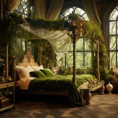 a bedroom with an elaborate canopy bed surrounded by greenery and potted plants in front of large windows