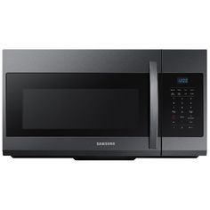 a black samsung microwave oven with the door open and timer on it's side