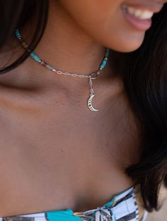 "》D E T A I L S《 ✦ M E T A L : Sterling Silver 925 ✦ S T O N E S : Turquoise ✦ B I R T H S T O N E : December Choose your necklace length in the drop down menu. We recommend to measure your neck to get the right fit. It's easy...just wrap a string around your neck where you want the chain to sit and then you measure the string using a ruler. If you need a shorter or longer chain, please contact me and I'll be happy to make it specially for you. 💎 In the past, the Turquoise used to be the stone Turquoise Jewelry With Moon Charm For Gift, Half Moon Necklace, Choker Jewelry, Beaded Accessories, Jewelry Choker, Moon Necklace, Necklace Sterling Silver, Necklace Length, Half Moon