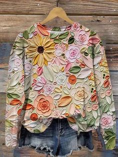 Women's Floral Print Round Neck Long Sleeve Casual Top – Wonder closets Spring Long Sleeve Patchwork Blouse, Fall Multicolor Crew Neck Blouse, Multicolor Crew Neck Blouse For Fall, Multicolor Long Sleeve Tops For Spring, Spring Long Sleeve Patchwork Tops, Fall Floral Print Crew Neck Blouse, Flowers Oil Painting, Over 50 Womens Fashion, Round Neck Sweatshirts