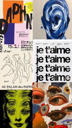 collage of various posters with different colors and designs on them, including an image of a woman's face