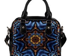 Offering the most colorful hand-made gifts and by threaddomain Mandala Blue, Boho Tote Bag, Blue Handbag, Boho Tote, Blue Handbags, Leather Shoulder Handbags, Monogrammed Leather, Vintage Camper, Shoulder Handbag