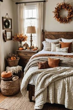 a bedroom decorated with pumpkins and fall decor in shades of brown, orange, and white