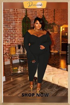 Off Shoulder Long Flared Sleeve Plus Size Jumpsuits Off Shoulder Plus Size Evening, Formal Romper Long Plus Size, Cocktail Jumpsuit Plus Size, Plus Size One Shoulder Sweater, All Black Dinner Outfit Plus Size, Birthday Outfit Ideas For Women Plus, Plus Size Dressy Outfits, Plus Size Bar Outfit, Plus Size Bar Outfit Night