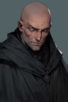 an image of a man with a bald head wearing a black cloak and looking at the camera