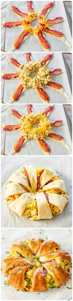 the process of making sandwiches with bacon, cheese and other toppings is shown here