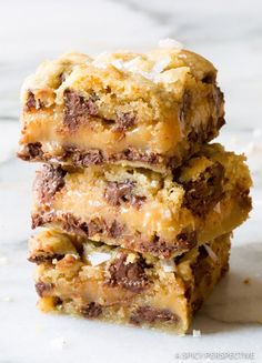 chocolate chip cookie bars stacked on top of each other