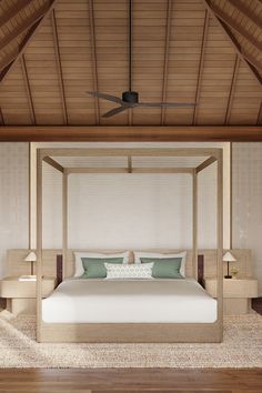 a large bed sitting under a wooden ceiling