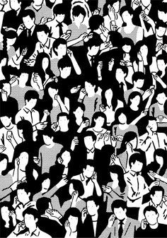 a black and white drawing of many people