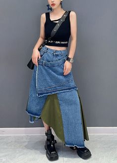 Stylish Green Asymmetrical Patchwork Denim Skirt SummerFabric: Denim FabricSize & Fit: This garment fits true to size.Length: Size L measures 29.25"from waist to hem.Waist:Fitted - elastic waist allows stretch Hip: Loosely Fitted. room for hips. Hand Wash Cold.