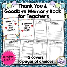 thank you and goodbye memory book for teachers with two covers to pages of choices,