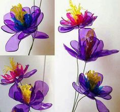 three different pictures of flowers made out of colored plastic petals and ribbons on white background