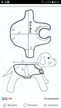 a drawing of a dog wearing a shirt with measurements on the front and back side