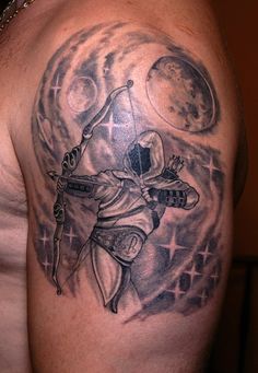 a man with a tattoo on his arm holding a bow and arrow in front of the moon