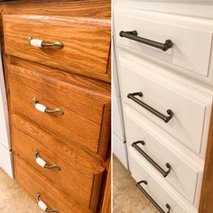 two pictures side by side one has drawers and the other has handles