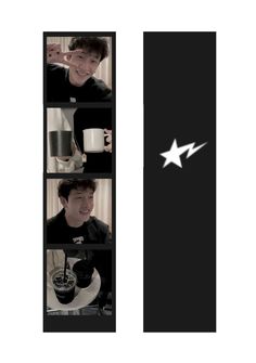 three pictures of two men with coffee cups and one has a star on his shirt