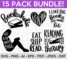 the svg bundle includes books, reading and heart shapes