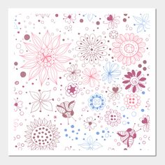 an image of flowers and butterflies on a white background with pink, blue, and red colors