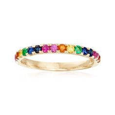 Ross-Simons - .56 ct. Mixed Gemstone Ring in 14kt Yellow Gold. Size 9 May Birthdays, Ruby Wedding Band, Sapphire Eternity Band, Emerald Birthstone, Multi Gemstone Ring, Gemstone Drop Earrings, Hammered Hoop Earrings, Fine Jewelery, Rainbow Jewelry