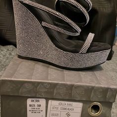 New In Box! Black/Silver Shimmer Rhinestones. Size 7 Stunning Wedge Heels. Wrap-Around Ankle Style. Perfect For All Formal Occasions. Black/Silver Rhinestones. Formal Wedges, Silver Rhinestone, Formal Occasion, Wedge Heels, Black Silver, Wedges, Size 7, Heels, Silver