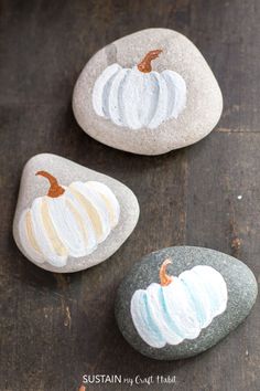 three painted pumpkins sitting on top of rocks