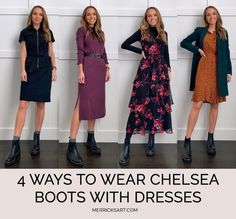 Flat Ankle Boots Dress, Dressing Up Chelsea Boots, Boots And Dresses Fall, Dresses And Chelsea Boots, How To Dress Up Chelsea Boots, Chelsea Boots With Long Skirt, Winter Boots Dress Outfit, Flat Boots Dress Outfit, Dresses & Boots