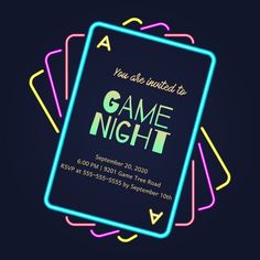 a game night party flyer with neon lights