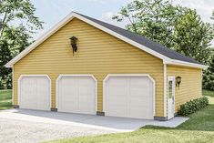 a two car garage with three windows on the side