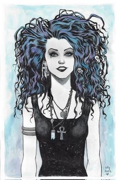 a drawing of a woman with blue hair and piercings on her chest, wearing a black top