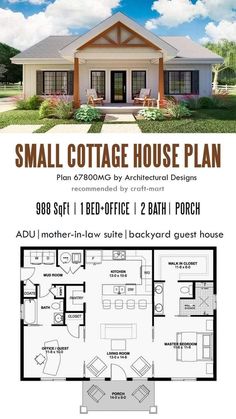 the small cottage house plan is shown in two different colors and sizes, with an open floor