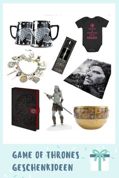 the game of thrones gift guide is shown with pictures and items on it, including a