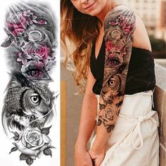 a woman with tattoos on her arm and an owl