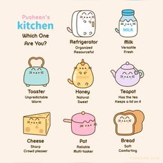 the different kinds of cats and kittens are depicted in this cartoon character's kitchen poster