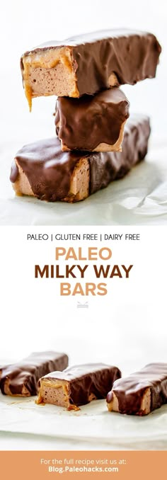 three chocolate covered bars stacked on top of each other with the text paleo milky way bars