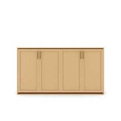 a beige cabinet with three doors and two drawers on the front, against a white background