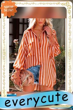 Orange Striped Button Long Sleeve Mid-length Shirt Collared Beach Blouse For Fall, Fall Beach Collared Blouse, Long Sleeve Blouse With Button Cuffs For Beach, Fall Beach Shirt With Button Closure, Fall Beach Blouse With Button Closure, Beach Blouse With Button Closure For Fall, Long Sleeve Blouse With Pockets For Beach, Striped Button Blouse For Fall, Striped Shirt For Fall Day Out