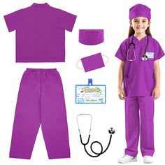 a child's purple scrub suit and hat with matching stethoscopes