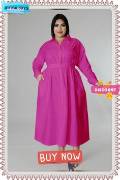 Plus Size Women's Solid Color Long-sleeved Shirt Dress Pink Relaxed Fit Long Sleeve Shirt Dress, Pink Long Sleeve Relaxed Fit Shirt Dress, Long Sleeve Pink Cotton Shirt Dress, Pink Long Sleeve Cotton Shirt Dress, Relaxed Fit Long Sleeve Solid Color Midi Dress, Casual Pink Shirt Dress For Dress Down Days, Casual Pink Shirt Dress For Dress Down Occasions, Casual Pink Shirt Dress, Long Sleeve Relaxed Fit Shirt Dress For Casual Wear